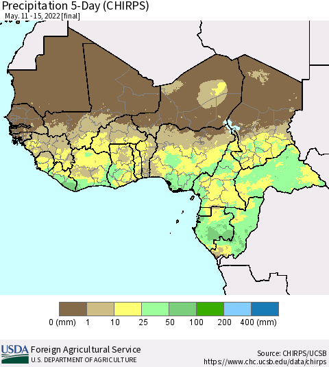Western Africa Precipitation 5-Day (CHIRPS) Thematic Map For 5/11/2022 - 5/15/2022