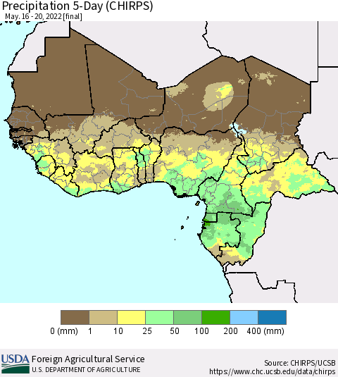 Western Africa Precipitation 5-Day (CHIRPS) Thematic Map For 5/16/2022 - 5/20/2022