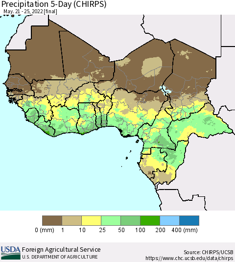 Western Africa Precipitation 5-Day (CHIRPS) Thematic Map For 5/21/2022 - 5/25/2022
