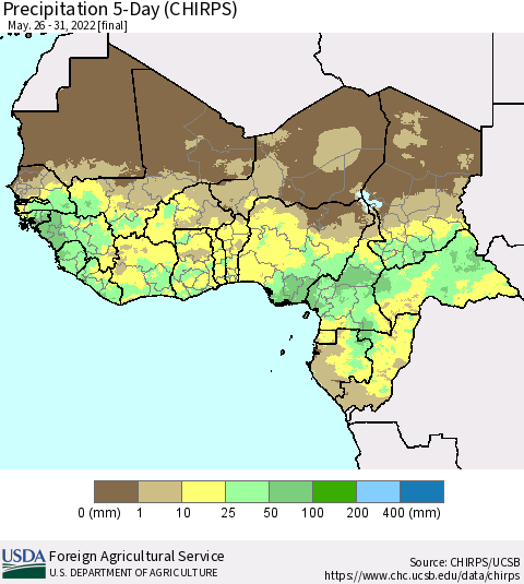 Western Africa Precipitation 5-Day (CHIRPS) Thematic Map For 5/26/2022 - 5/31/2022