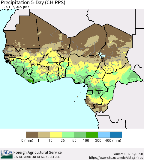 Western Africa Precipitation 5-Day (CHIRPS) Thematic Map For 6/1/2022 - 6/5/2022