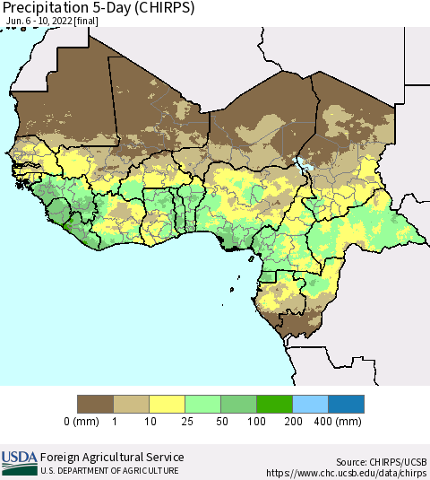 Western Africa Precipitation 5-Day (CHIRPS) Thematic Map For 6/6/2022 - 6/10/2022