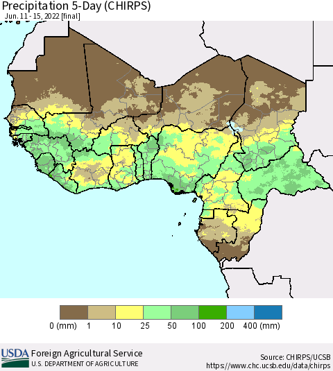 Western Africa Precipitation 5-Day (CHIRPS) Thematic Map For 6/11/2022 - 6/15/2022