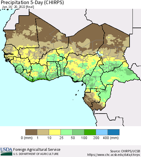 Western Africa Precipitation 5-Day (CHIRPS) Thematic Map For 6/16/2022 - 6/20/2022