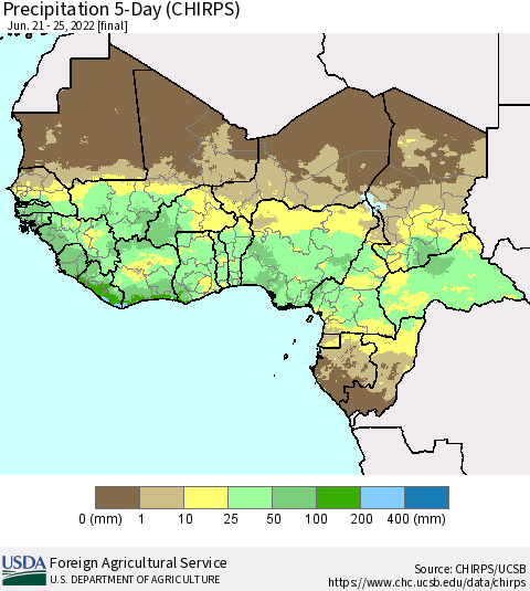 Western Africa Precipitation 5-Day (CHIRPS) Thematic Map For 6/21/2022 - 6/25/2022