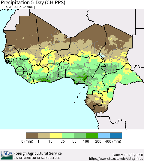 Western Africa Precipitation 5-Day (CHIRPS) Thematic Map For 6/26/2022 - 6/30/2022
