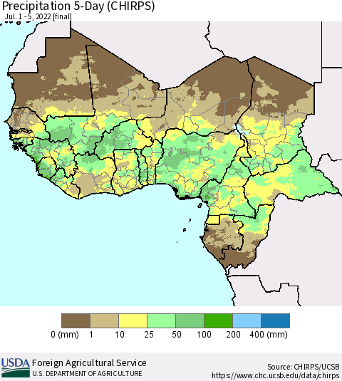 Western Africa Precipitation 5-Day (CHIRPS) Thematic Map For 7/1/2022 - 7/5/2022