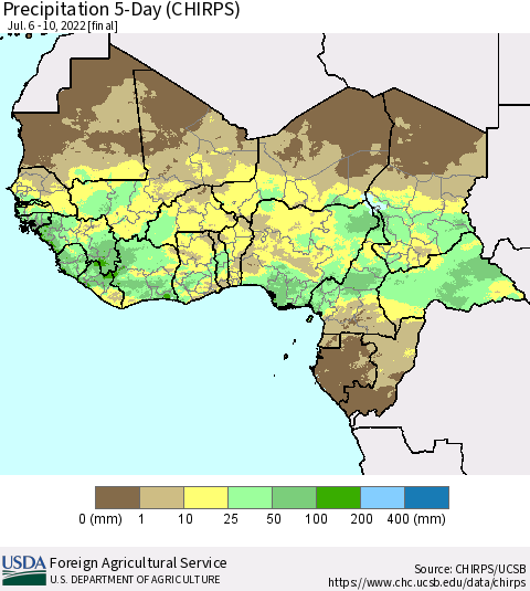 Western Africa Precipitation 5-Day (CHIRPS) Thematic Map For 7/6/2022 - 7/10/2022