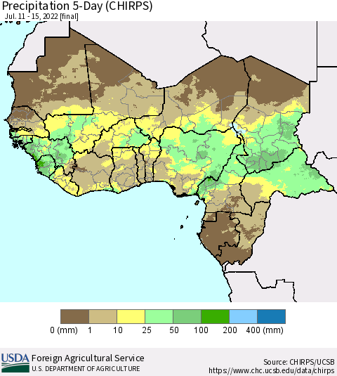 Western Africa Precipitation 5-Day (CHIRPS) Thematic Map For 7/11/2022 - 7/15/2022