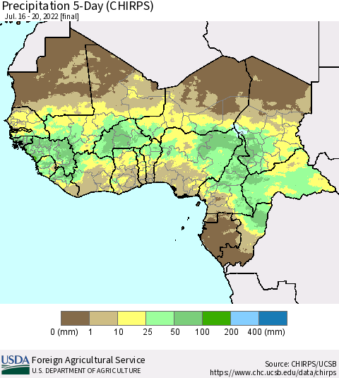 Western Africa Precipitation 5-Day (CHIRPS) Thematic Map For 7/16/2022 - 7/20/2022
