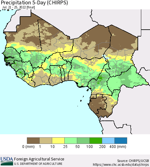 Western Africa Precipitation 5-Day (CHIRPS) Thematic Map For 7/21/2022 - 7/25/2022