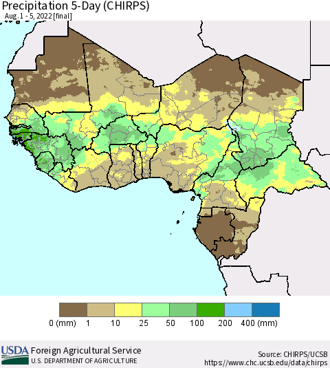 Western Africa Precipitation 5-Day (CHIRPS) Thematic Map For 8/1/2022 - 8/5/2022