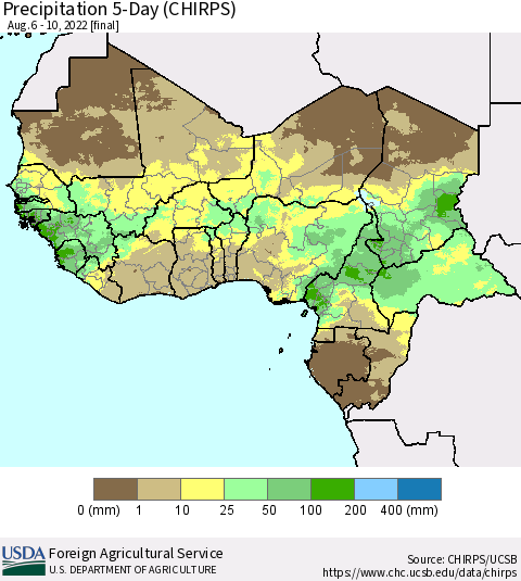 Western Africa Precipitation 5-Day (CHIRPS) Thematic Map For 8/6/2022 - 8/10/2022