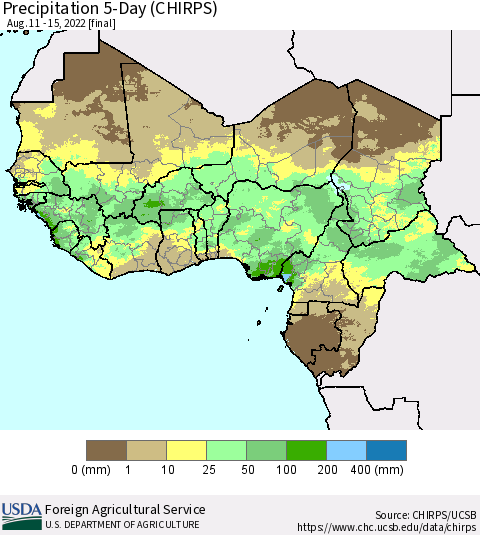 Western Africa Precipitation 5-Day (CHIRPS) Thematic Map For 8/11/2022 - 8/15/2022