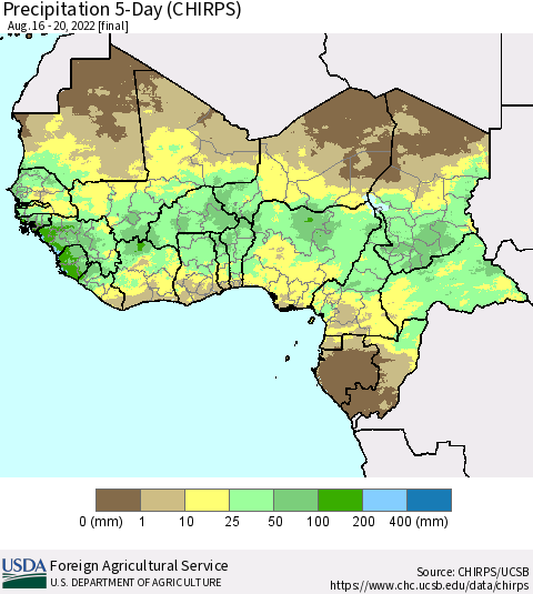 Western Africa Precipitation 5-Day (CHIRPS) Thematic Map For 8/16/2022 - 8/20/2022