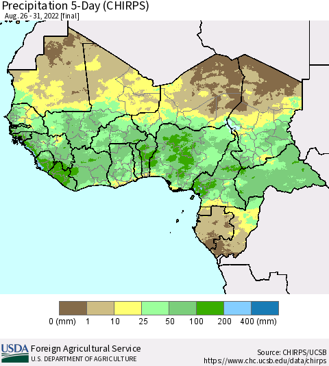 Western Africa Precipitation 5-Day (CHIRPS) Thematic Map For 8/26/2022 - 8/31/2022