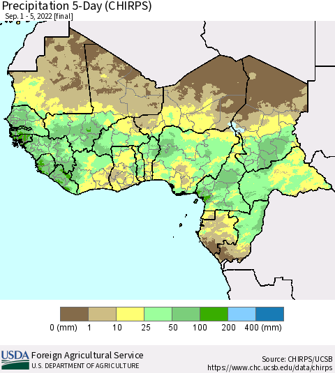Western Africa Precipitation 5-Day (CHIRPS) Thematic Map For 9/1/2022 - 9/5/2022
