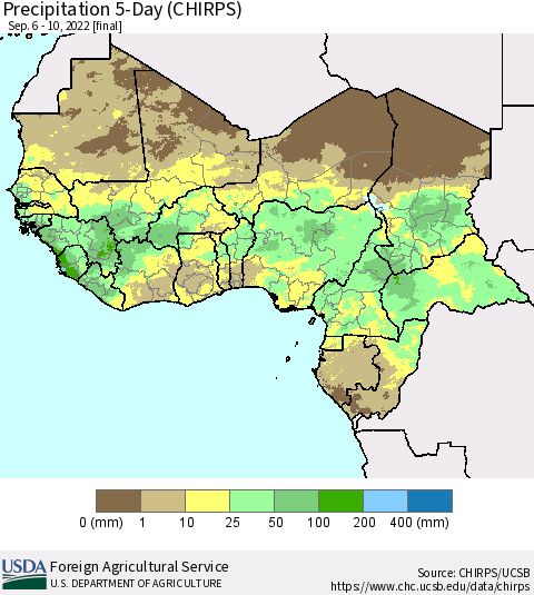 Western Africa Precipitation 5-Day (CHIRPS) Thematic Map For 9/6/2022 - 9/10/2022