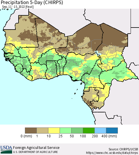 Western Africa Precipitation 5-Day (CHIRPS) Thematic Map For 9/11/2022 - 9/15/2022
