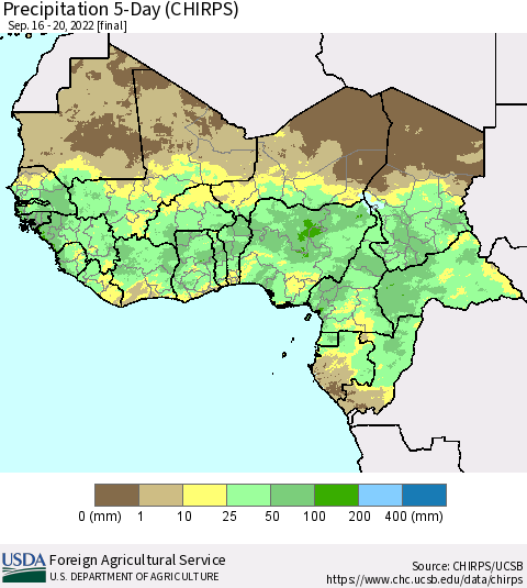 Western Africa Precipitation 5-Day (CHIRPS) Thematic Map For 9/16/2022 - 9/20/2022