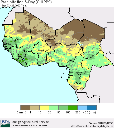 Western Africa Precipitation 5-Day (CHIRPS) Thematic Map For 9/21/2022 - 9/25/2022