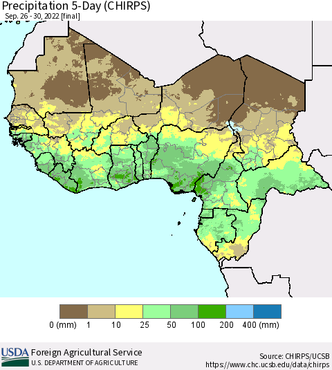 Western Africa Precipitation 5-Day (CHIRPS) Thematic Map For 9/26/2022 - 9/30/2022