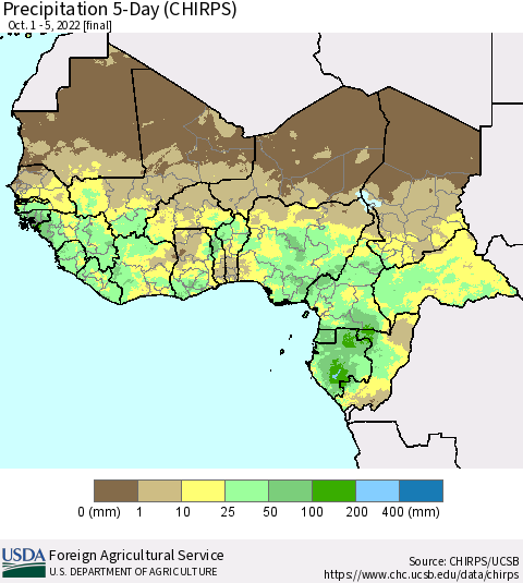 Western Africa Precipitation 5-Day (CHIRPS) Thematic Map For 10/1/2022 - 10/5/2022