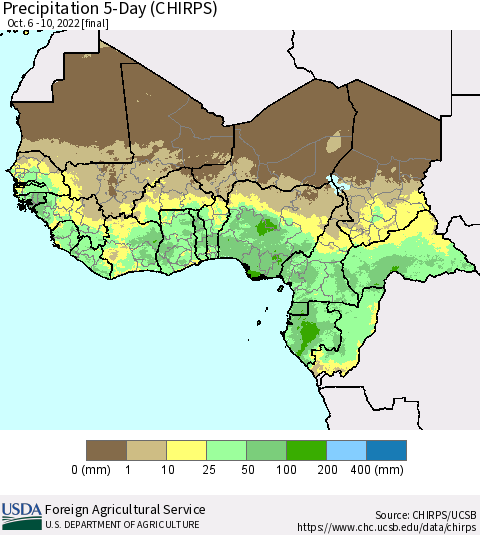 Western Africa Precipitation 5-Day (CHIRPS) Thematic Map For 10/6/2022 - 10/10/2022