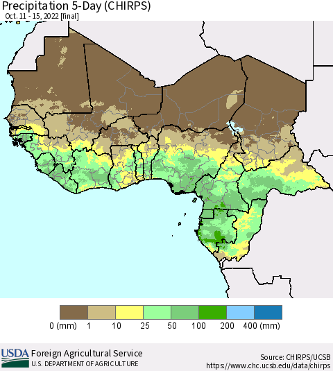 Western Africa Precipitation 5-Day (CHIRPS) Thematic Map For 10/11/2022 - 10/15/2022
