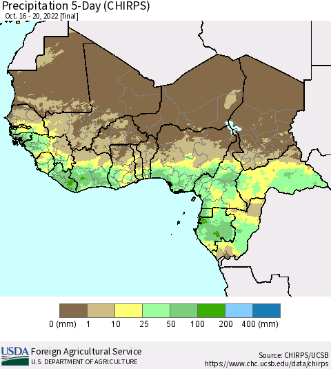 Western Africa Precipitation 5-Day (CHIRPS) Thematic Map For 10/16/2022 - 10/20/2022