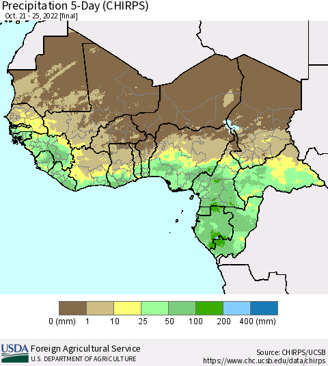 Western Africa Precipitation 5-Day (CHIRPS) Thematic Map For 10/21/2022 - 10/25/2022