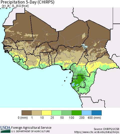 Western Africa Precipitation 5-Day (CHIRPS) Thematic Map For 10/26/2022 - 10/31/2022