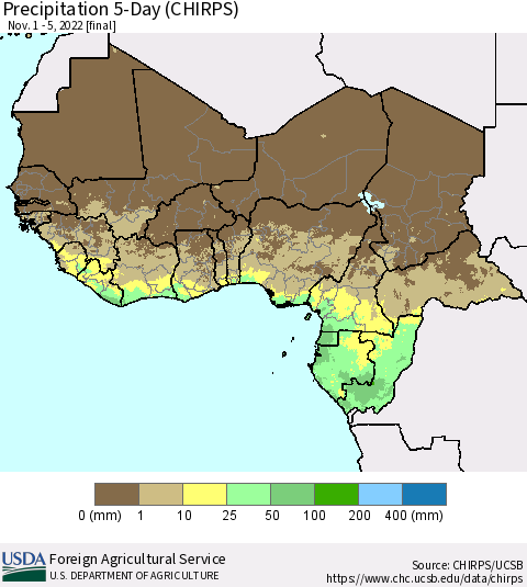Western Africa Precipitation 5-Day (CHIRPS) Thematic Map For 11/1/2022 - 11/5/2022