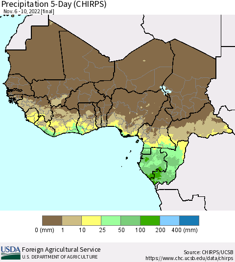 Western Africa Precipitation 5-Day (CHIRPS) Thematic Map For 11/6/2022 - 11/10/2022