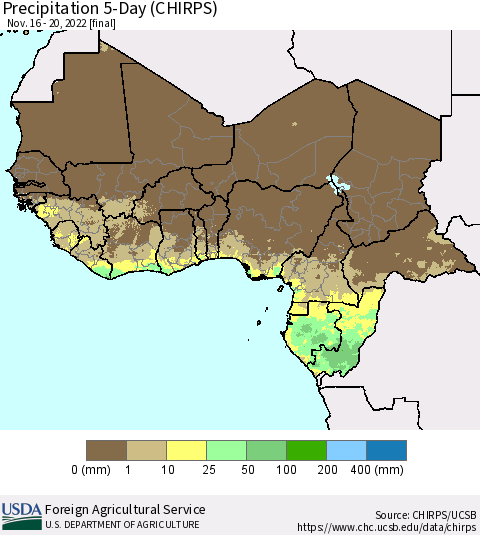 Western Africa Precipitation 5-Day (CHIRPS) Thematic Map For 11/16/2022 - 11/20/2022