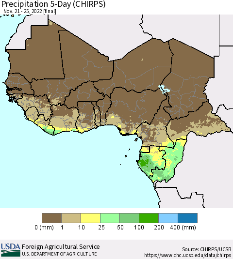 Western Africa Precipitation 5-Day (CHIRPS) Thematic Map For 11/21/2022 - 11/25/2022