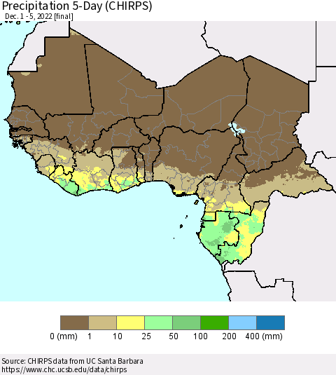 Western Africa Precipitation 5-Day (CHIRPS) Thematic Map For 12/1/2022 - 12/5/2022