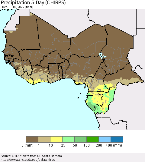 Western Africa Precipitation 5-Day (CHIRPS) Thematic Map For 12/6/2022 - 12/10/2022