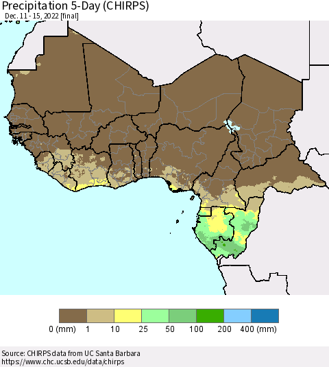 Western Africa Precipitation 5-Day (CHIRPS) Thematic Map For 12/11/2022 - 12/15/2022