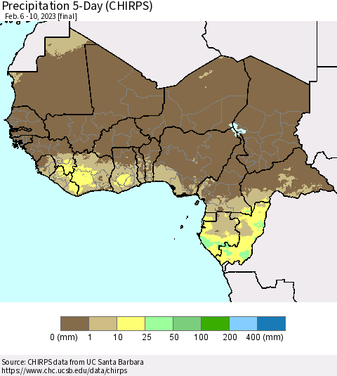 Western Africa Precipitation 5-Day (CHIRPS) Thematic Map For 2/6/2023 - 2/10/2023