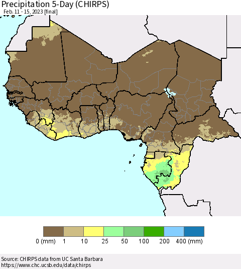 Western Africa Precipitation 5-Day (CHIRPS) Thematic Map For 2/11/2023 - 2/15/2023