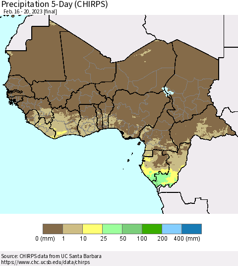 Western Africa Precipitation 5-Day (CHIRPS) Thematic Map For 2/16/2023 - 2/20/2023