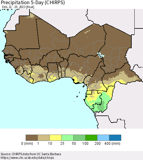 Western Africa Precipitation 5-Day (CHIRPS) Thematic Map For 2/21/2023 - 2/25/2023