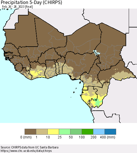 Western Africa Precipitation 5-Day (CHIRPS) Thematic Map For 2/26/2023 - 2/28/2023