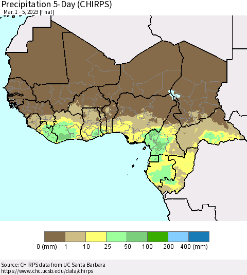 Western Africa Precipitation 5-Day (CHIRPS) Thematic Map For 3/1/2023 - 3/5/2023