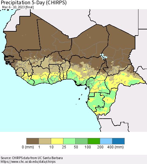 Western Africa Precipitation 5-Day (CHIRPS) Thematic Map For 3/6/2023 - 3/10/2023