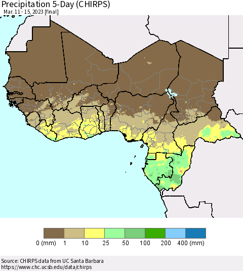 Western Africa Precipitation 5-Day (CHIRPS) Thematic Map For 3/11/2023 - 3/15/2023