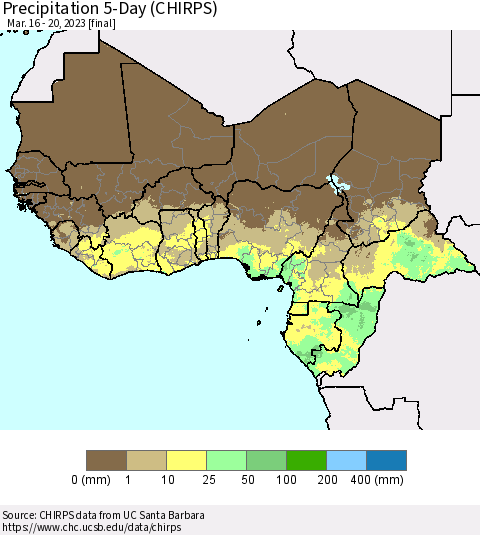 Western Africa Precipitation 5-Day (CHIRPS) Thematic Map For 3/16/2023 - 3/20/2023