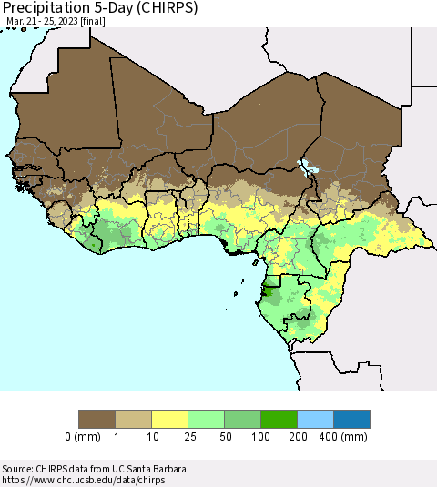 Western Africa Precipitation 5-Day (CHIRPS) Thematic Map For 3/21/2023 - 3/25/2023