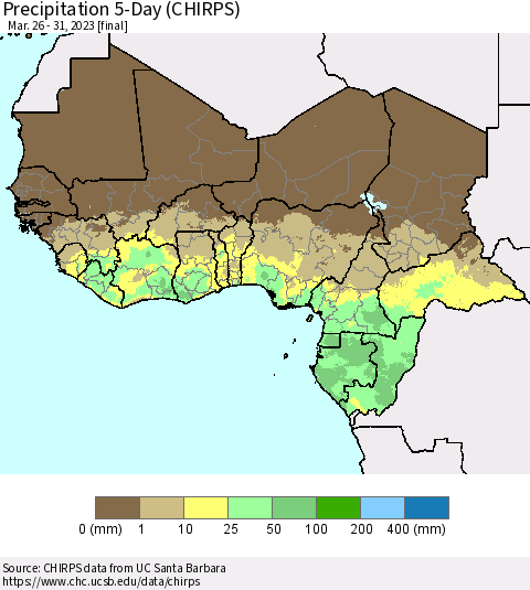 Western Africa Precipitation 5-Day (CHIRPS) Thematic Map For 3/26/2023 - 3/31/2023